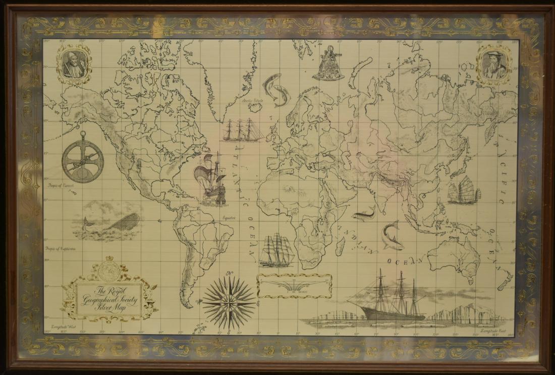 1976 Silver Map by Franklin Mint: 1976 The Royal Geographical Society Silver Map of the World. Issued by The Franklin Mint. Framed measures 20" x 27". This piece comes from the Dickenson Estate of Knoxville, Tennessee. See Photos for