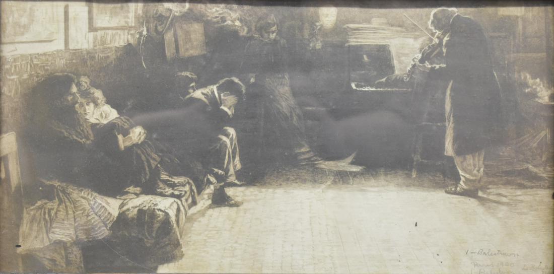 Lionello Balestrieri Beethoven Sonata Signed Print: This lot features a ca. 1900 signed print of Beethoven's Sonata. Print features one printed signature and one pencil signed signature and is dated "Paris 1900". Measures 8" x 15.5", framed 13.5" x 21"
