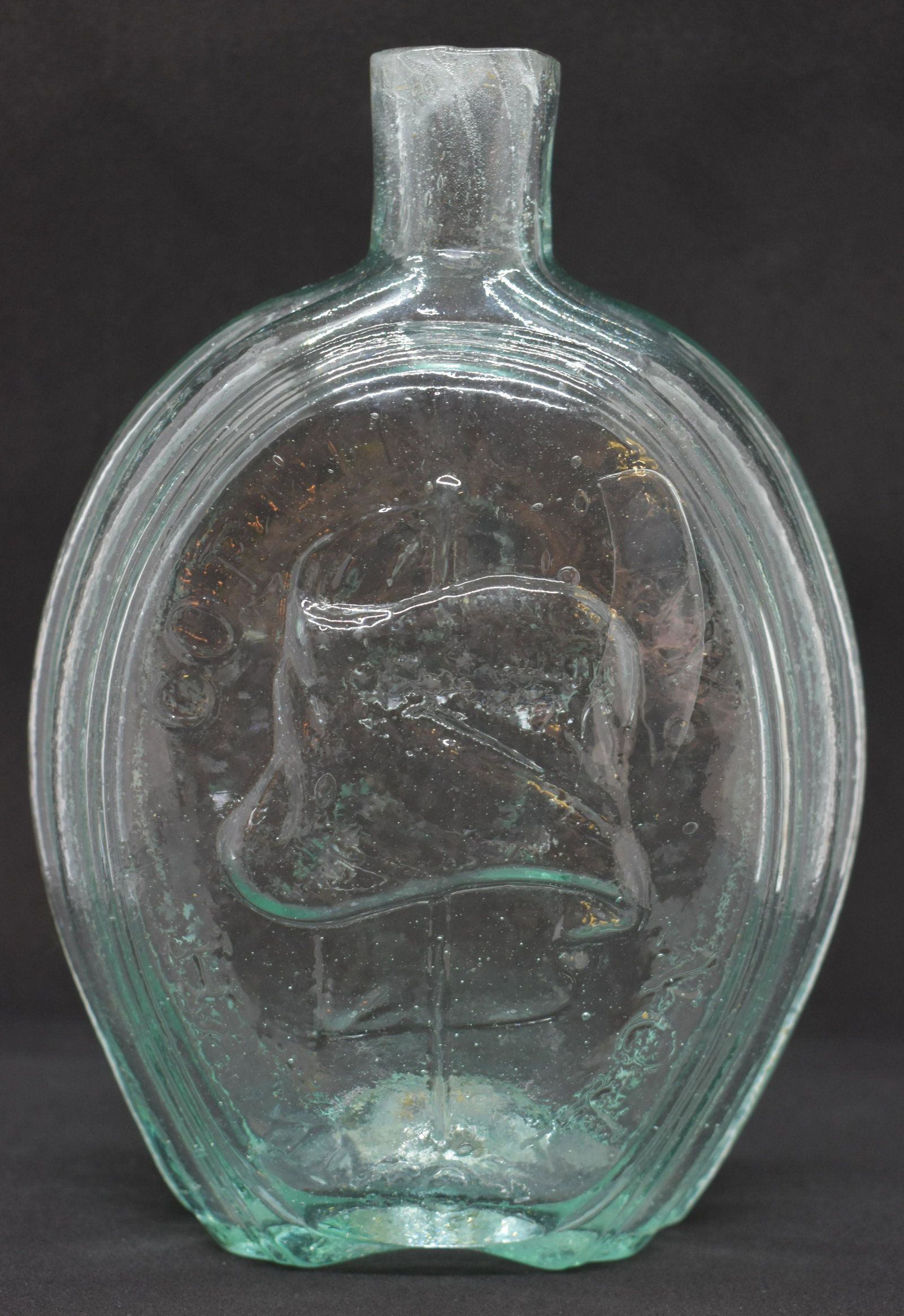 Coffin & Hay Hammonton Flag & Eagle Quart Flask: Aqua green glass. Rough sheared lip, rough pontil. Hand blown into a two part strap-sided mold, excellent impression. See Photos for Details. Shipping Available.