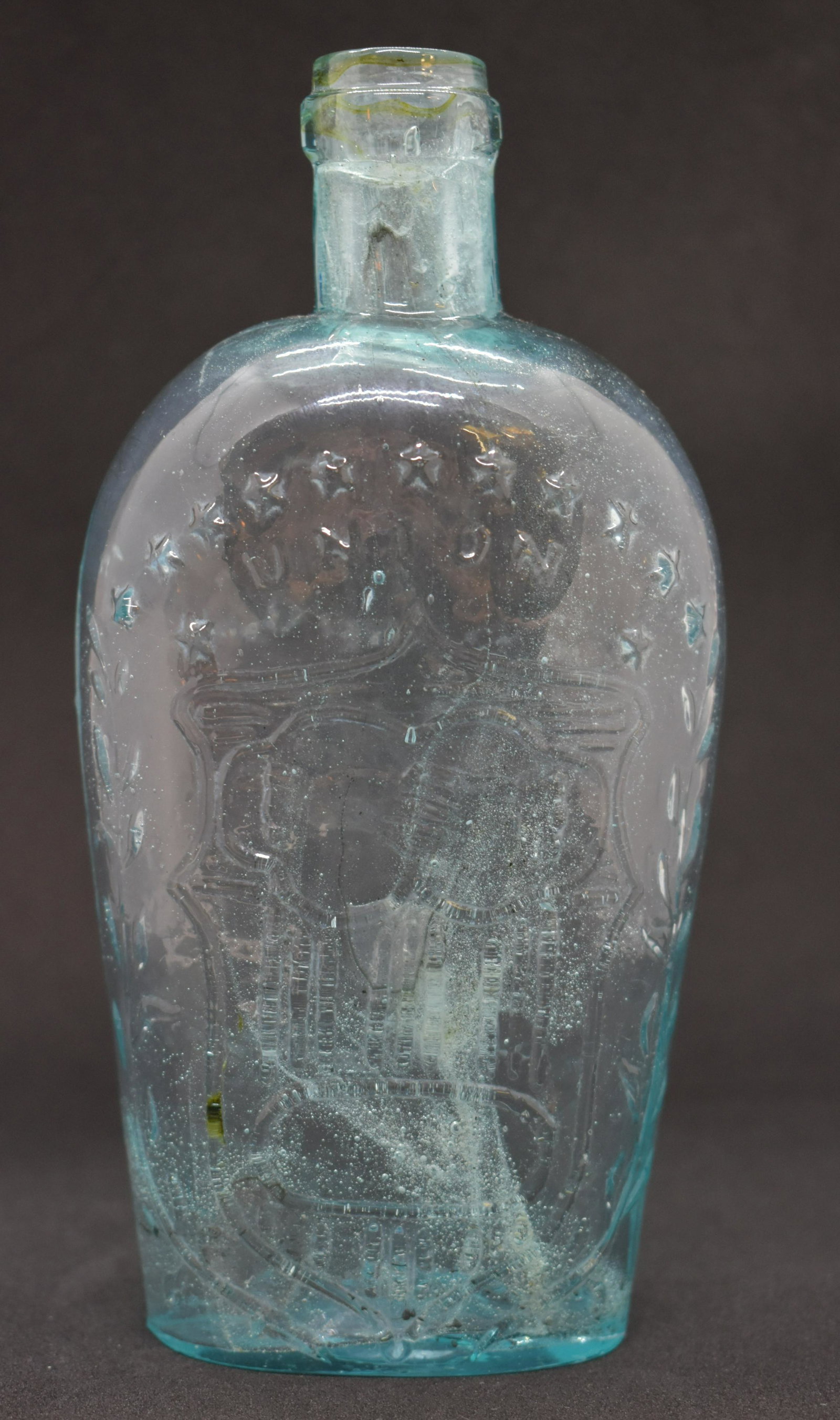 Historical Aqua Blue Union Eagle Half Pint Flask: GXII-34. w/ pontil. See Photos for Details. Shipping Available.
