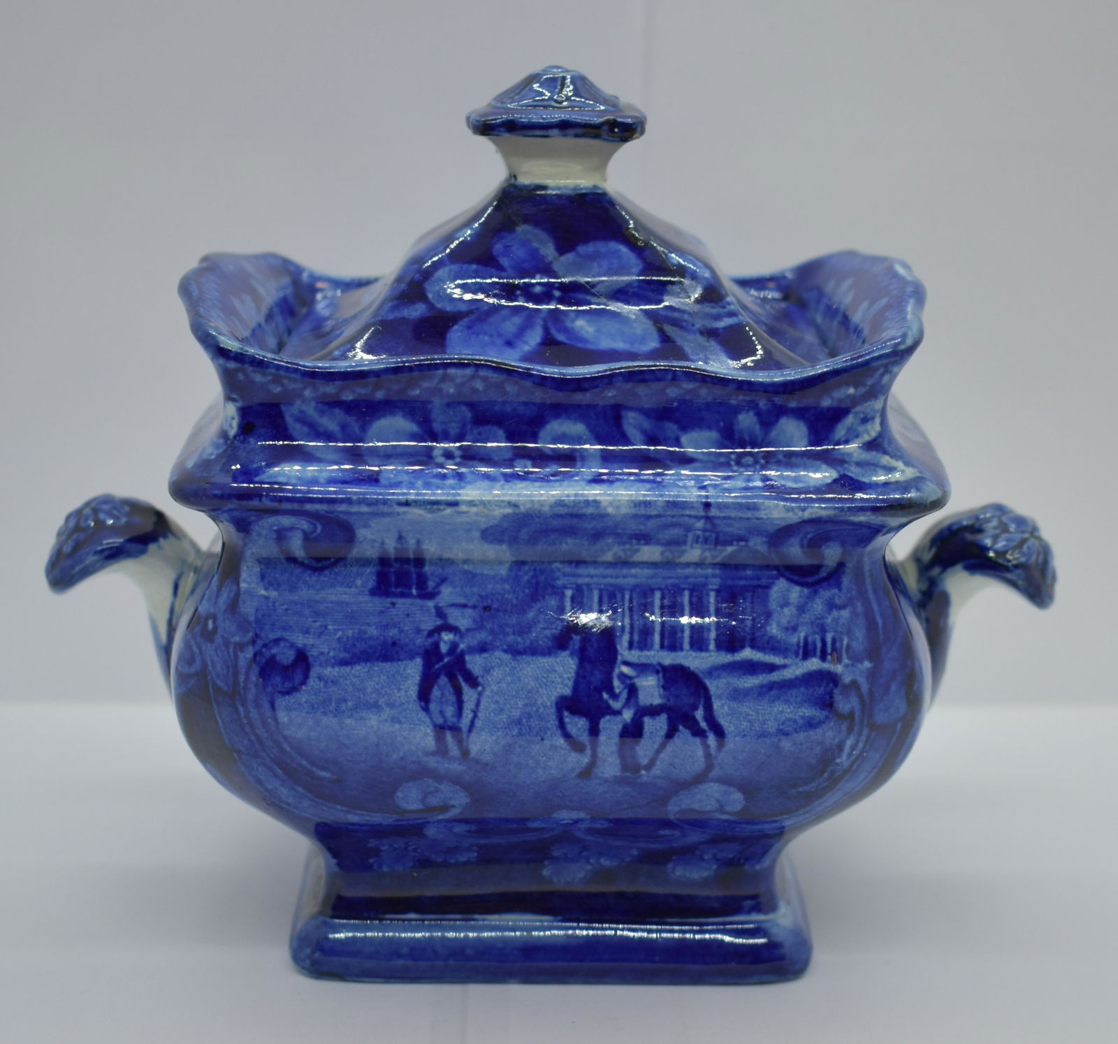 Historical Staffordshire Blue Transferware Sugar: Historical Staffordshire Blue transferware sugar bowl depicting George Washington at Mount Vernon. Lid has an old repair. Marked on the bottle with a blue stamp that reads, "Mount Vernon/ The seat of