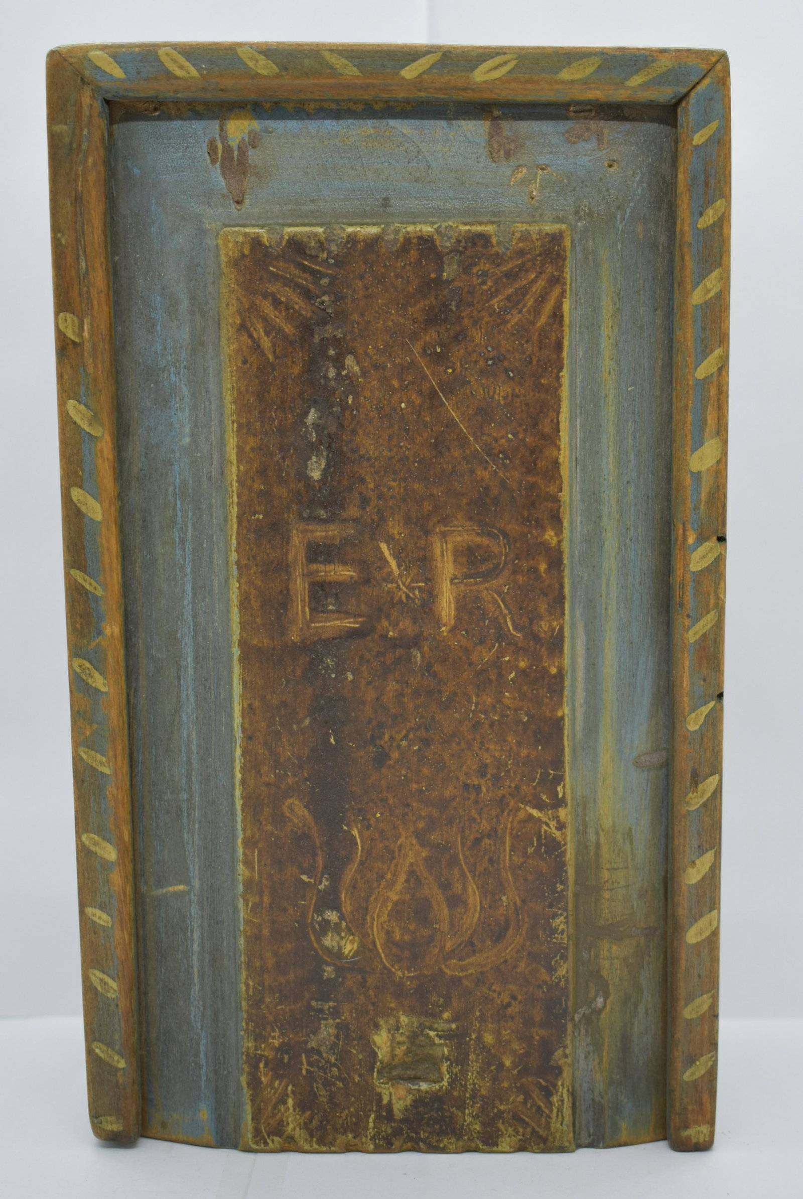 19th c. Folk Decorated Candle Box w/ Grain Paint: 19th c. blue and gold painted candle box decorated with folk art designs - tulip and initials on a faux grain-painted background. Measures 9" l x 5.5" w x 3" d. See Photos for Details. Shipping Availa