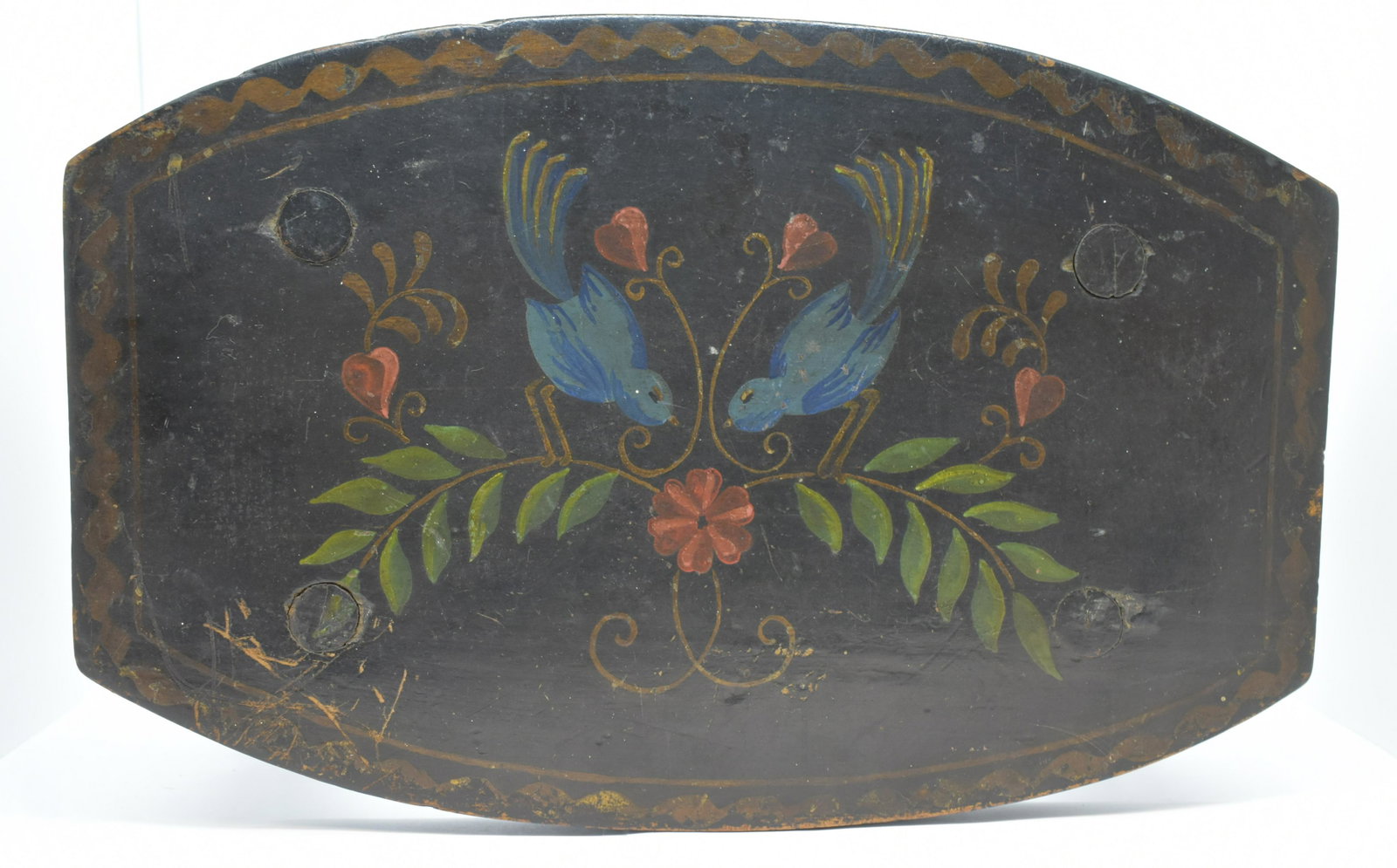 Early American Polychrome Painted Stool w/ Birds: Lovely original folk painting, Pennsylvania Dutch-style painting. Measures 8.5" x 13". See Photos for Details. Shipping Available.