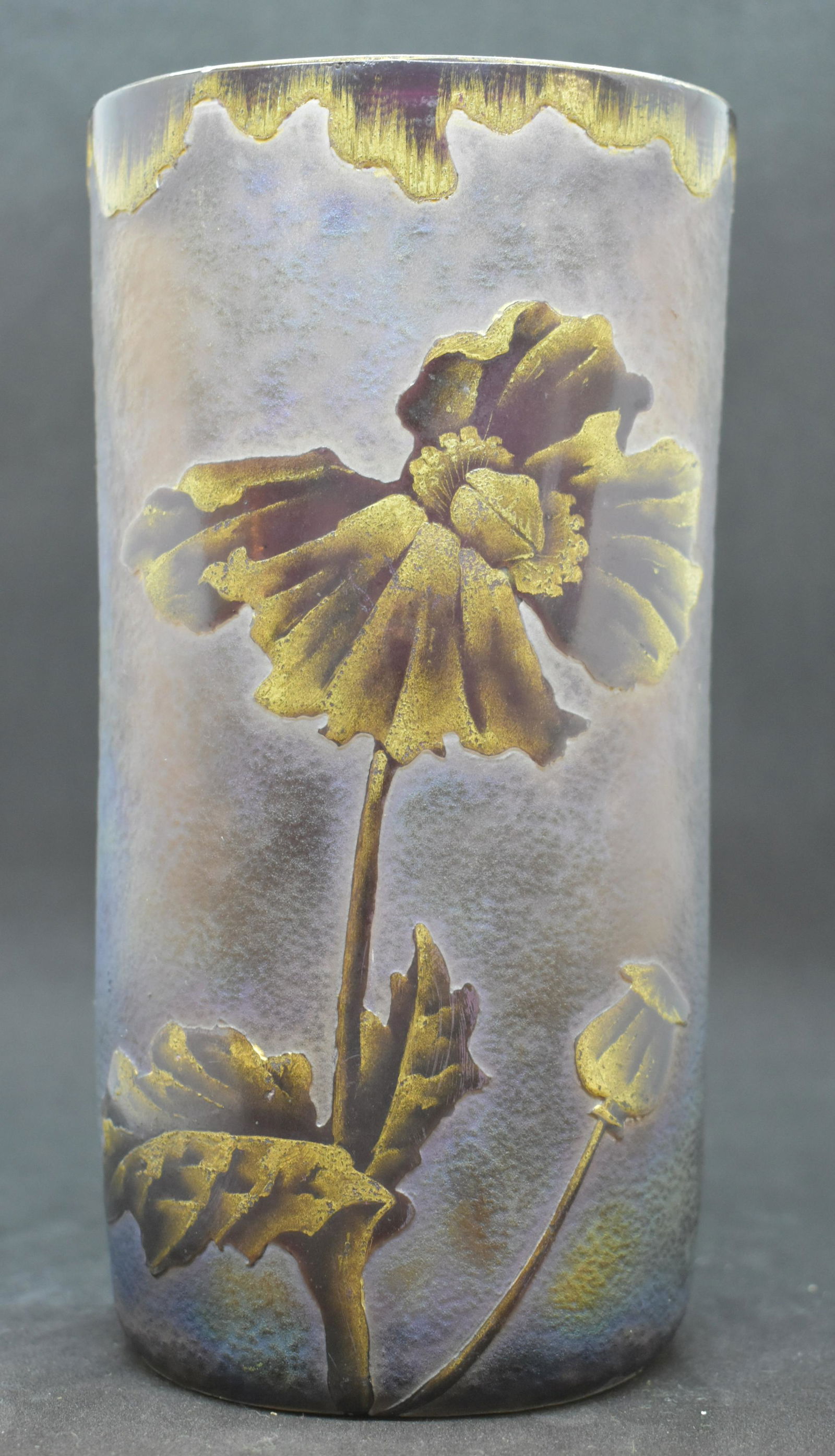 Legras Mont Joy Etched Cameo Poppy Vase: Absolutely gorgeous Legras Mont Joye etched cameo glass iridescent glaze Poppy vase. We have researched to the best of our ability to correctly attribute a maker to this piece and to the best of our k