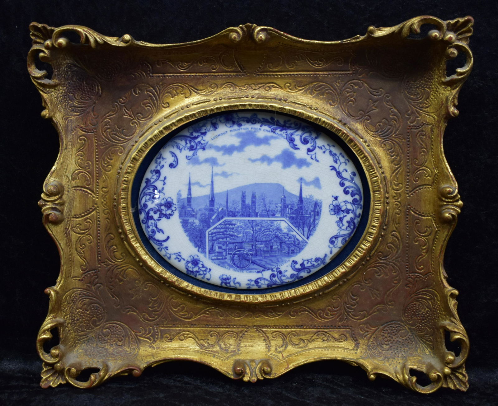 Lookout Mountain Chattanooga Porcelain Plaque: ca. 1900. Plaque was made in England for William Posey Silva. Measures (' x 7" (oval) / 13.75" x 16.25" in frame. See Photos for Details. Shipping Available.