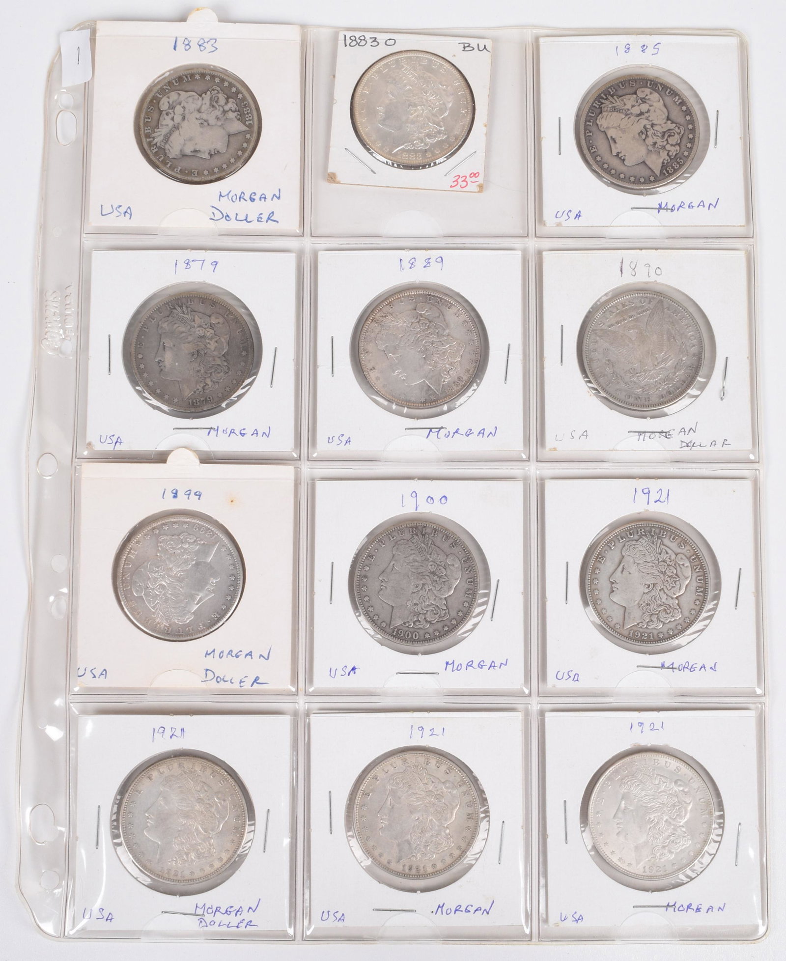 One sheet of silver Morgan Dollars 1883-1921 (12).: One sheet of silver Morgan Dollars 1883-1921, all card mounted, range of grades from F to EF (12).