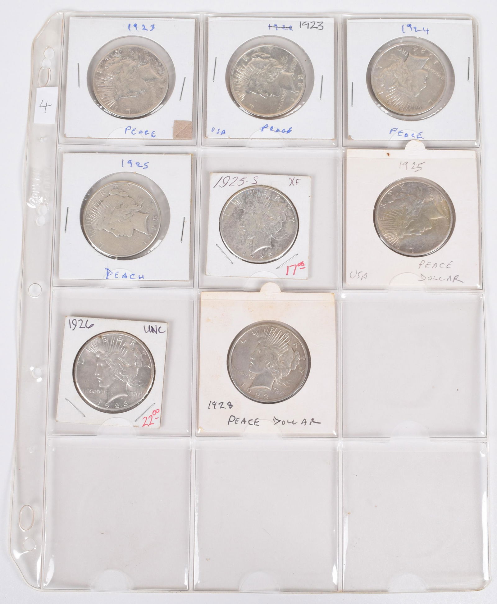One sheet of silver Peace Dollars 1923-1926 (8). (1 of 2)