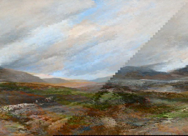 David Bates - Moorland landscape, oil: David Bates (1840 - 1921), Moorland landscape with sheep and drover, signed and dated 1900, indistinctly inscribed and signed on verso, oil on canvas, 44 x 59cm.; 17.25 x 23.25in.