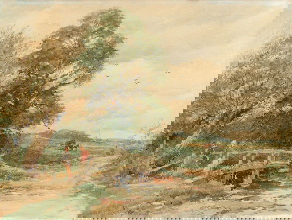 David Bates, Footbridge near Hanley Castle, Malvern: David Bates (1840 - 1921), "Footbridge and Ford near Hanley Castle, Malvern", signed, inscribed on verso, watercolour heightened with touches of bodycolour, 27 x 36.5cm.; 10.5 x 14.5in.