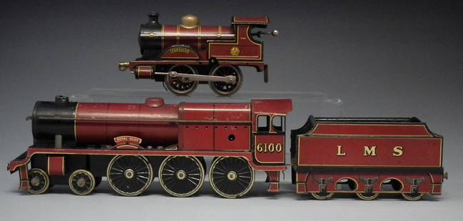 Bing Clockwork 'O' Gauge 'Hercules' clockwork: Bing Clockwork 'O' Gauge tinplate locomotive in L.M.S. maroon livery named 'Hercules' also a Burnett Ltd Royal Scot clockwork tin plate carpet train and tender, (4) the carpet train measures 46cm long