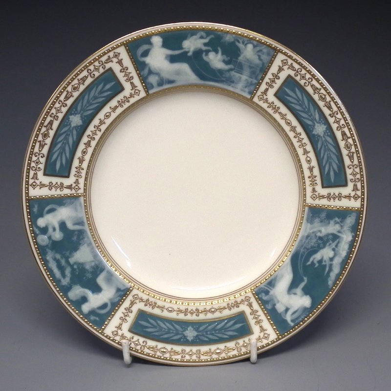 Minton pate-sur-pate plate.: Minton pate-sur-pate plate made for Tiffany's New York, signed and monogrammed A. Birks decorated with classical scenes within raised gilt borders, 20cm diameter Condition report: No damage restoratio