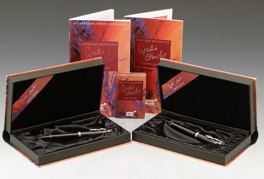 Montblanc limited edition Agatha Christie fountain pen,: Montblanc limited edition Agatha Christie fountain pen, boxed, issued 1993, 18K gold 4810 nib; together with the companion ballpoint pen, boxed, (both lack the outer cardboard slip case) (2)