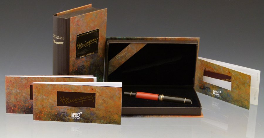 Montblanc limited edition Hemingway fountain pen,: Montblanc limited edition Hemingway fountain pen, boxed, issued 1992, 18K gold 4810 nib; together with the companion ballpoint pen, boxed (both lack the outer cardboard slip case) (2)