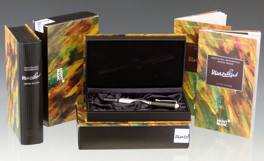 Montblanc limited edition Marcel Proust fountain pen,: Montblanc limited edition Marcel Proust fountain pen, boxed, issued 1999, 18K gold 4810 nib; together with the companion ballpoint pen, boxed (2 boxes).