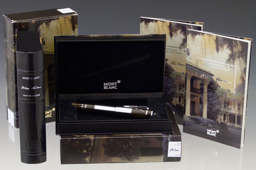Montblanc limited edition William Faulkner fountain: Montblanc limited edition William Faulkner fountain pen, boxed, issued 2007, 18K gold 4810 medium nib; and the companion boxed ballpoint pen, boxed (2 boxes).