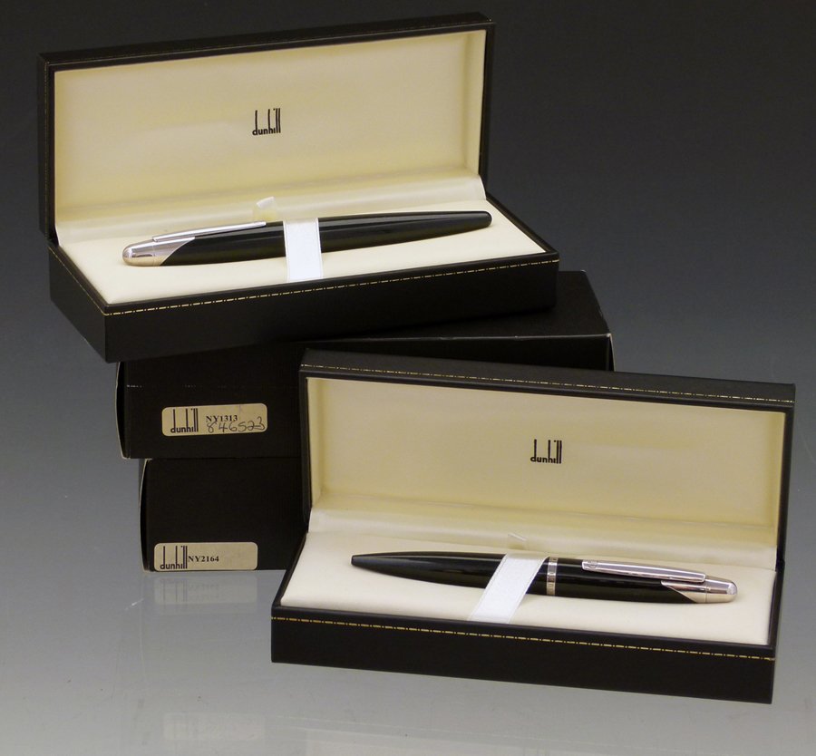 Alfred Dunhill AD2000 fountain pen, black and chrome,: Alfred Dunhill AD2000 fountain pen, black and chrome, 18K gold F nib, boxed; and a companion ballpoint pen, boxed.