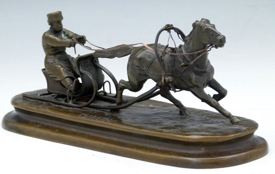 Russian bronze group of a one horse open sleigh,: Russian bronze group of a one horse open sleigh, apochryphal marks of Grachev and St Petersburg foundry, length 24cm