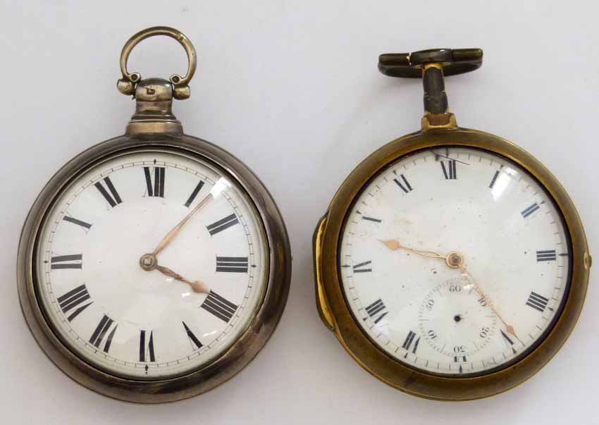Silver pair cased pocket watch, case Birmingham 1825,: Silver pair cased pocket watch, case Birmingham 1825, white enamel Roman dial, back engraved with initials and a farrier's hammer and pliers, fusee and verge movement, engraved cock, stell balance wit