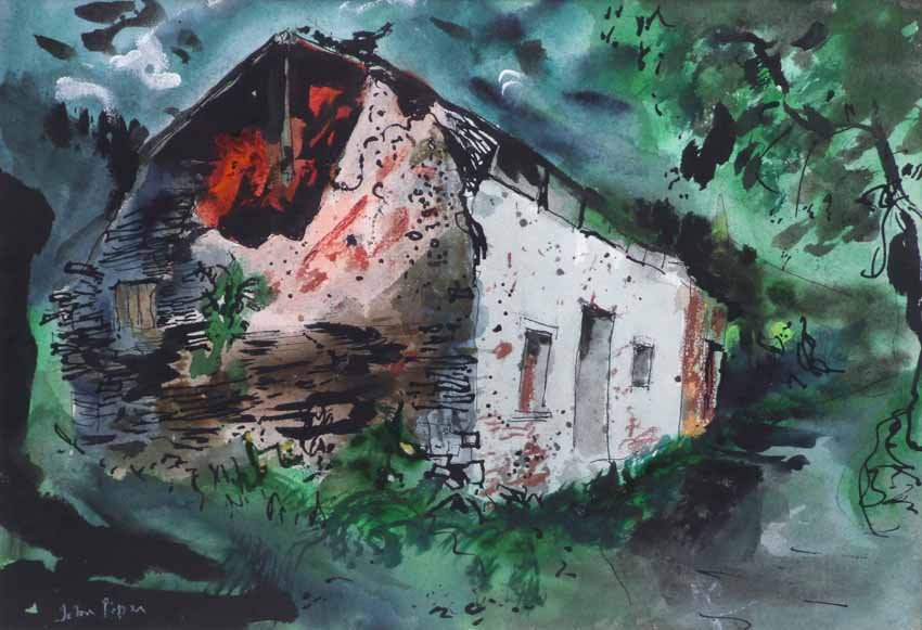 John Piper (British, 1903-1992), "Ruined Cottage",: John Piper (British, 1903-1992), "Ruined Cottage", signed, mixed media, 37.5 x 56cm.; 14.75 x 22in. Artists' Resale Right ("droit de suite") may apply to this lot.