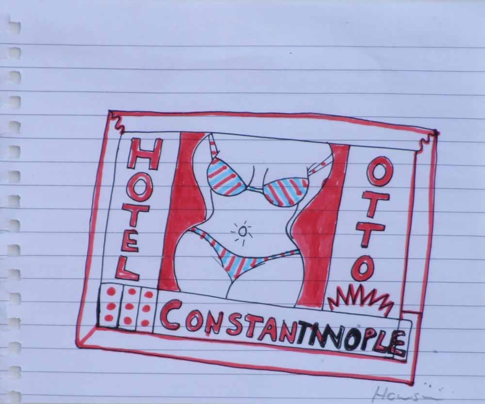 Peter Howson (b.1958), "Hotel Otto, Constantinople",: Peter Howson (b.1958), "Hotel Otto, Constantinople", signed, ink and felt-tip pen, 14 x 16.5cm.; 5.5 x 6.5in. Artists' Resale Right ("droit de suite") may apply to this lot.