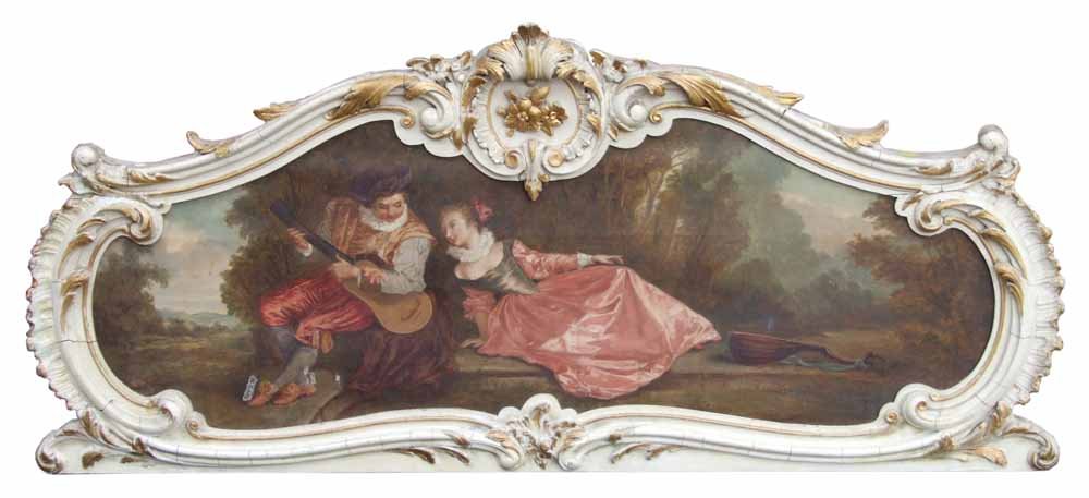 A French overdoor in Louis XV style, late 19th century,: A French overdoor in Louis XV style, late 19th century, the white painted and gilt frame of scrolling serpentine outline and moulded with flower sprays, shells and rocaille, the canvas painted with a 