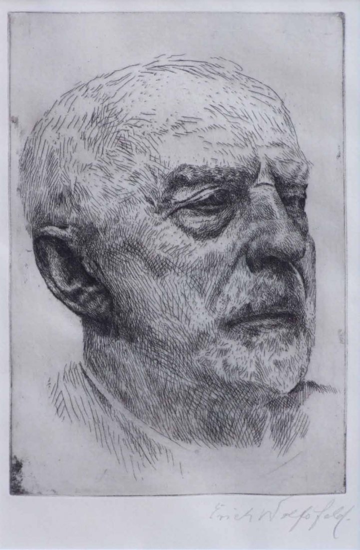 Erich Wolfsfeld (German, 1884-1956), "The Late Sir: Erich Wolfsfeld (German, 1884-1956), "The Late Sir William Goscombe John R.A.", signed in pencil in the margin, titled on artist's label verso, etching, plate size 26.5 x 17.5cm.; 10.5 x 7in. Artists'