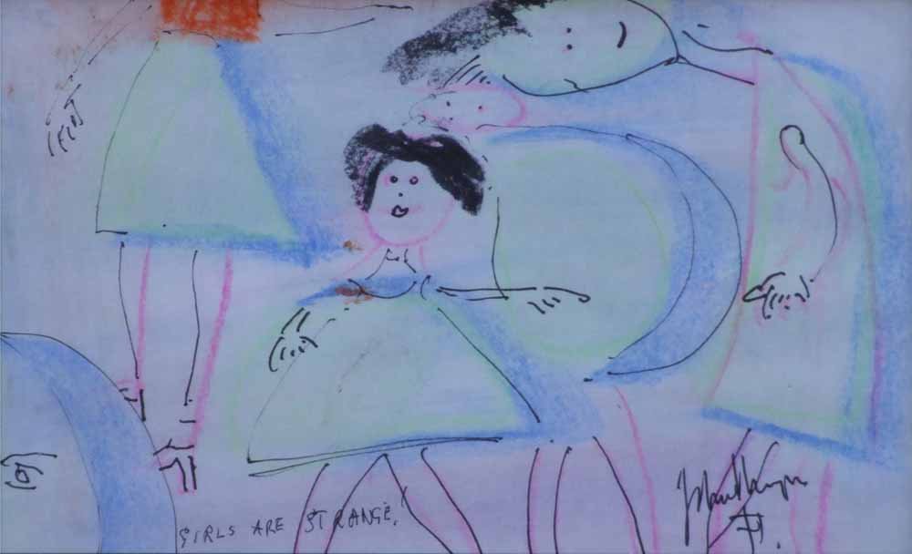 John Thompson (1924-2011), "Girls are Strange!",: John Thompson (1924-2011), "Girls are Strange!", signed and titled, mixed media, 15 x 24cm.; 6 x 9.5in. Artists' Resale Right ("droit de suite") may apply to this lot.