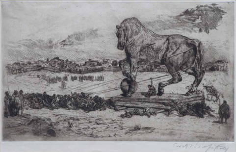 Erich Wolfsfeld (German, 1884-1956), The Trojan: Erich Wolfsfeld (German, 1884-1956), The Trojan Horse, signed in pencil in the margin, etching, plate size 28 x 46.5cm.; 11 x 18.5in.