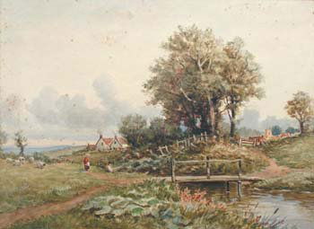 Follower of David Bates - the path to village,: Follower of David Bates (1840 - 1921), "The Path to Village", bears signature, label on verso, watercolour over pencil, unframed, 25 x 35cm.; 9.75 x 13.75in. * Exhibited in Birmingham from 1868 to 190