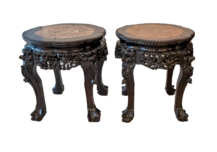 PAIR Marble Top Chinese Plant Stands: One of the stands has cracked marble; the other is intact with no visible damage.