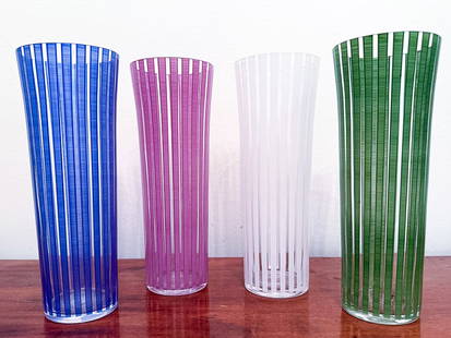 (4) MCM Bengt Orup Tall Drinking Glasses Johansfors Strikt Series Multicolor: Blue, White, Green, Purple. Glasses are free of chips and cracks.