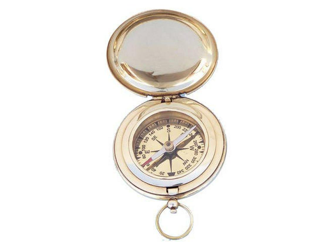 Solid Brass Captains Push Button Compass 3in.: Solid Brass Captains Push Button Compass 3in. -- The Hampton Nautical solid brass push button 3in. antique pocket compass is polished to a mirror-like shine and is a great companion for the true navig