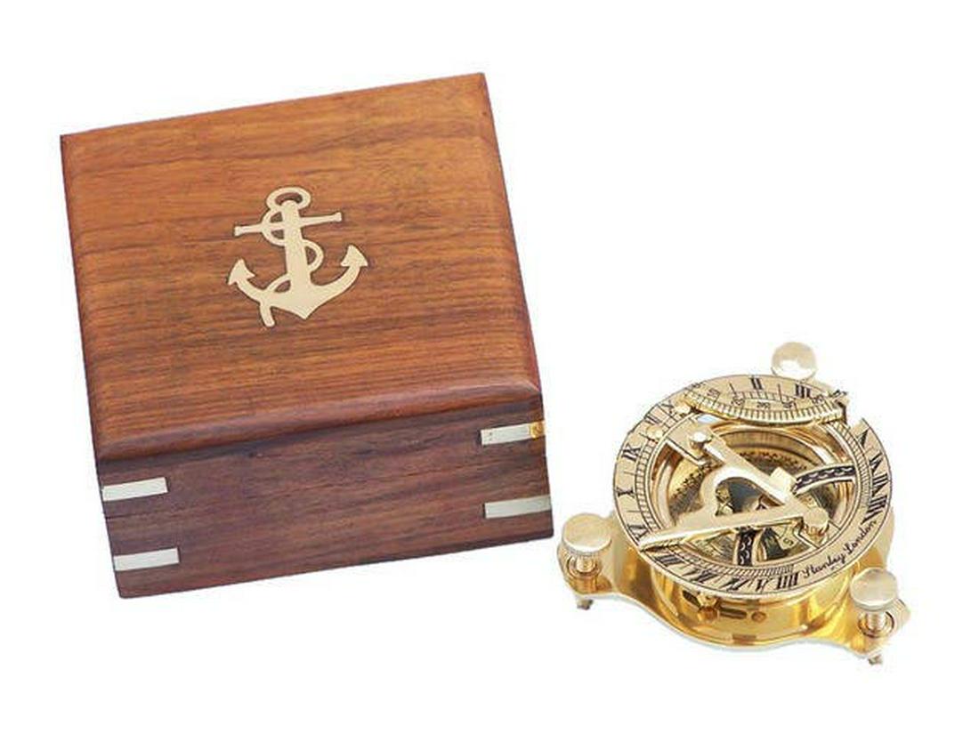 Solid Brass Captains Triangle Sundial Compass w/ Rosewo: Solid Brass Captains Triangle Sundial Compass w/ Rosewood Box 3in. -- This is a beautiful Hampton Nautical solid brass round sundial compass. The top of the sundial is hinged and a curved scale is use