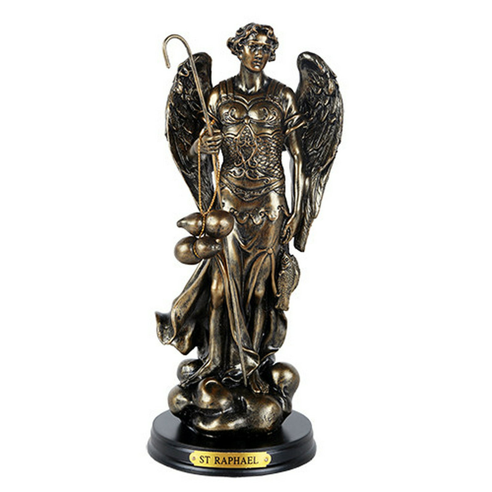 ARCHANGEL RAPHAEL: ARCHANGEL RAPHAEL -- Approx Dims: 3 1/2in. x 3 1/2in. x 8 1/4in.Material: Cold Cast Resin / Wooden Base with Brass PlateDescription: Hand Painted #21ST14561