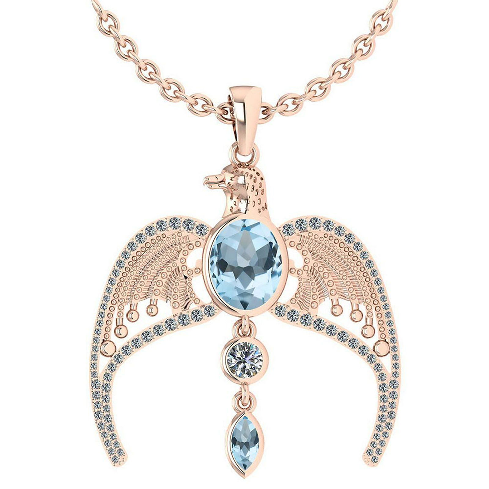 Certified 3.41 Ctw Aquamarine And Diamond Eagle Necklac: Certified 3.41 Ctw Aquamarine And Diamond Eagle Necklace For womens collection 14K Rose Gold -- Center Stone Weight ; 2.50 Ctw (1 Pcs Oval) & 0.23 Ctw (1 Pcs Marquise) Stone Color: Aquamarine Stone Se