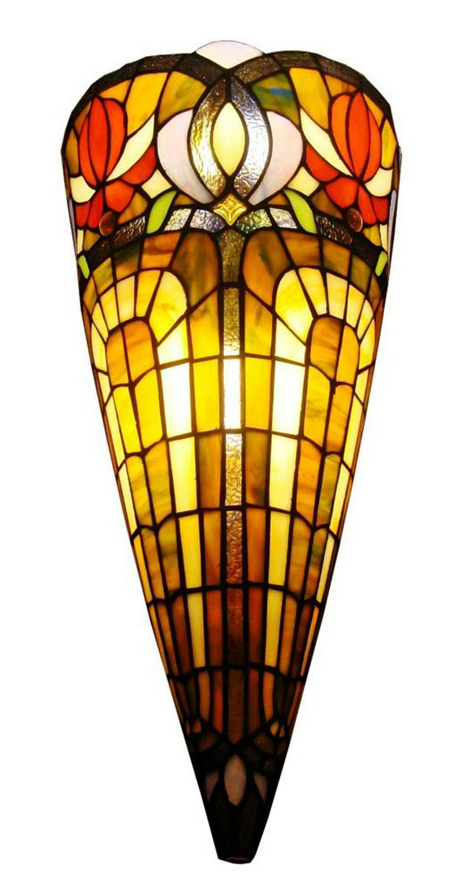LIGHTING TIFFANY STYLE 2-LIGHT WALL CROWNED SCONCE: LIGHTING TIFFANY STYLE 2-LIGHT WALL CROWNED SCONCE -- This large 2-light lamp features an intricate design crowned with beautiful blue and red tones. This piece is handcrafted using the same technique