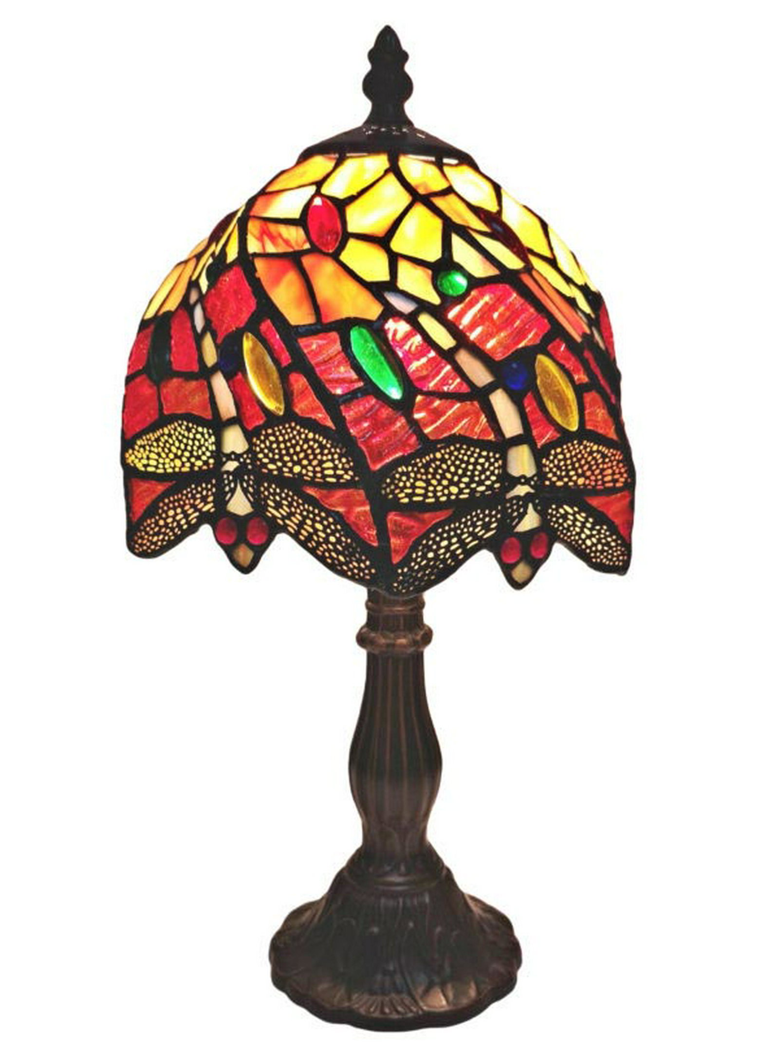 LIGHTING TIFFANY STYLE DRAGONFLY TABLE LAMP 8 INCHES WI: LIGHTING TIFFANY STYLE DRAGONFLY TABLE LAMP 8 INCHES WIDE -- This beautiful table lamp features handcrafted glass created in rich jewel tones. Made with 42 stunning jewels and 186 hand-cut pieces of g