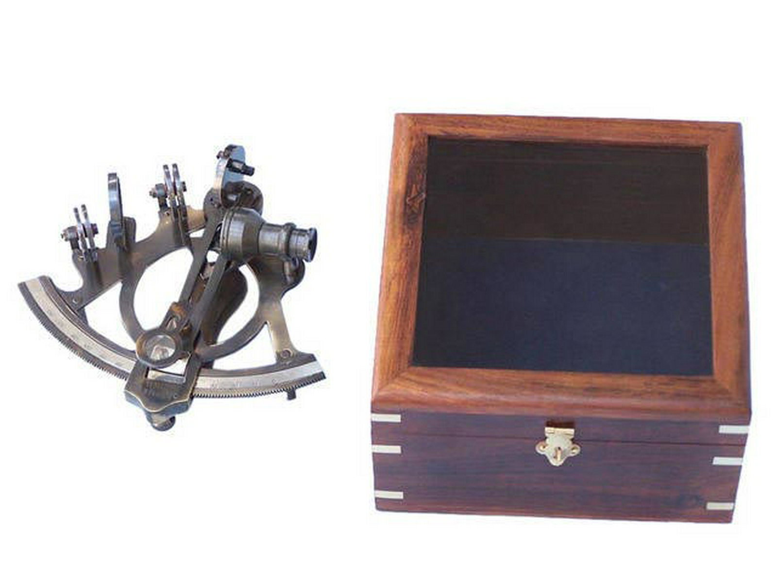 Antique Brass Sextant 7in. with Rosewood Box: Antique Brass Sextant 7in. with Rosewood Box -- This classically styled antiqued sextant is a beautifully crafted piece that brings an important part of maritime history into any nautical collection.?