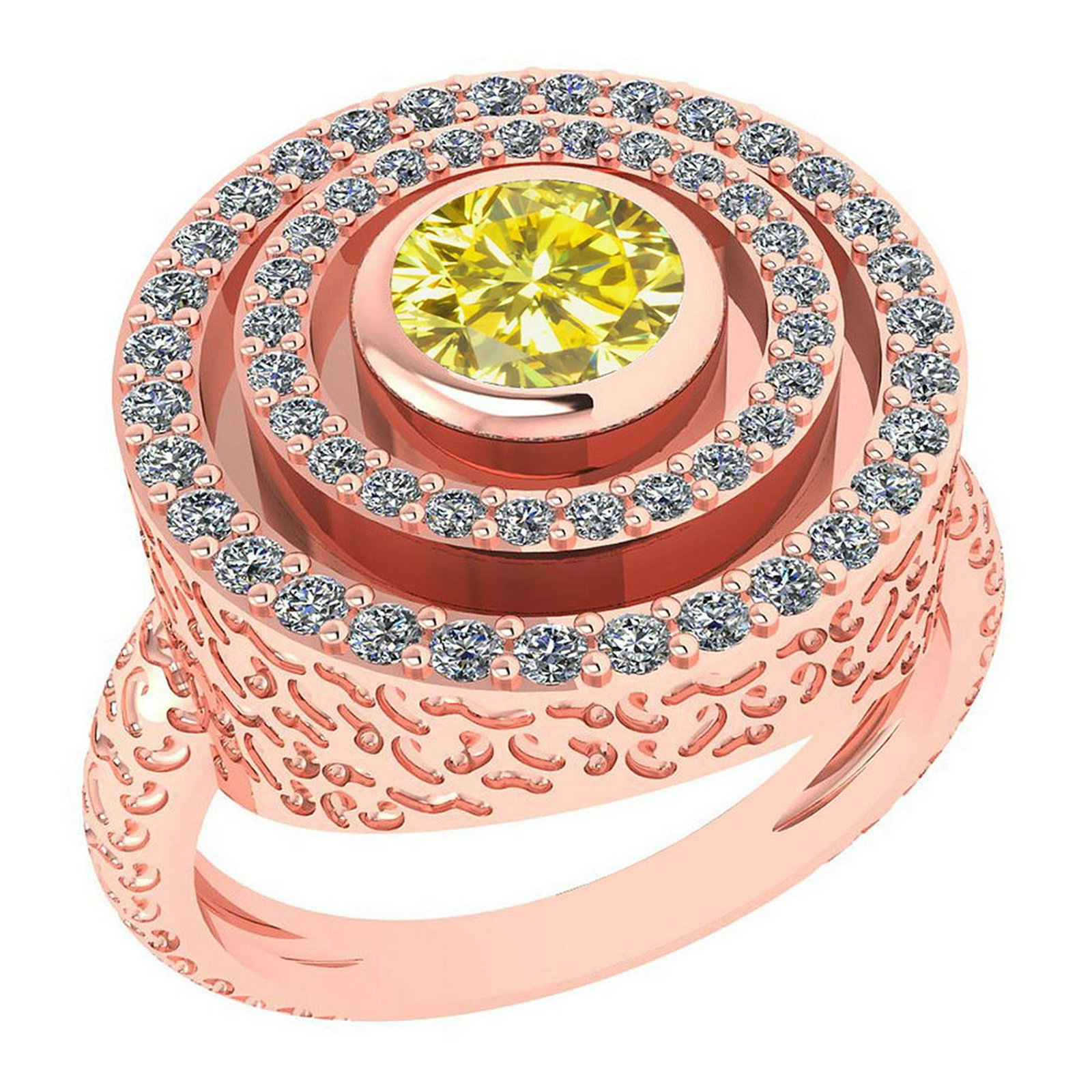Certified 0.87 Ctw Treated Fancy Yellow Diamond And Whi: Certified 0.87 Ctw Treated Fancy Yellow Diamond And White G-H Diamond Wedding/Engagement 14K Rose Gold Halo Ring (I1/I2) -- Center Stone Approx Weight ; 0.50 Ctw (1 Pcs Round) Stone Color: Treated Fan