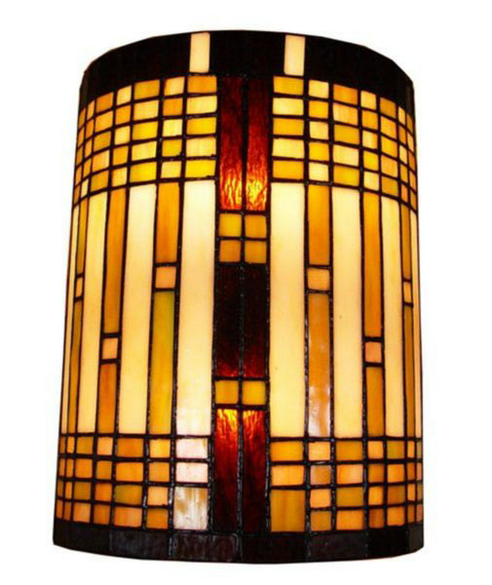 LIGHTING TIFFANY STYLE 2-LIGHT GEOMETRIC WALL SCONCE: LIGHTING TIFFANY STYLE 2-LIGHT GEOMETRIC WALL SCONCE -- With geometric patterns and understated warm colors this sconce is the epitome of mission style. This piece is handcrafted using the same techni
