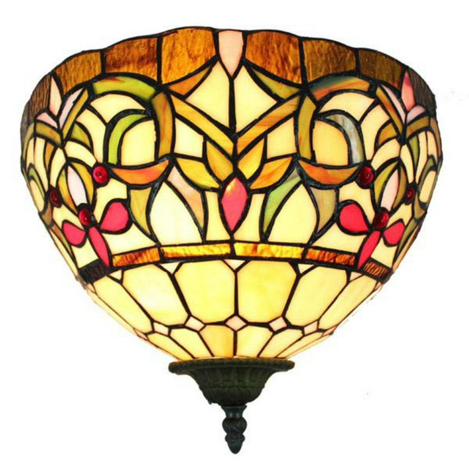 LIGHTING TIFFANY STYLE 1-LIGHT WALL LAMP: LIGHTING TIFFANY STYLE 1-LIGHT WALL LAMP -- Warm light is punctuated with rich reds and varied greenery in this elaborate wall lamp. This piece is handcrafted using the same techniques that were devel