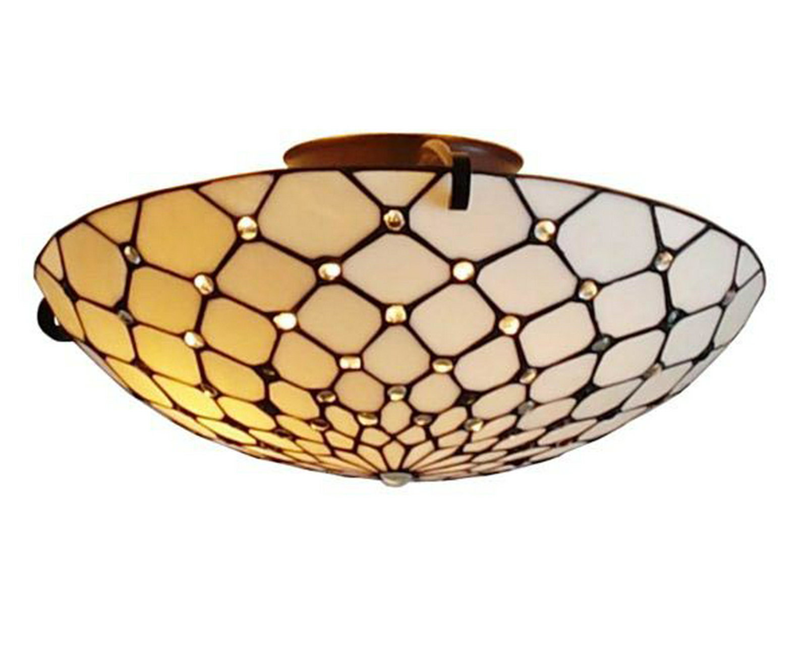 LIGHTING TIFFANY STYLE CEILING FIXTURE LAMP 17 IN WIDE: LIGHTING TIFFANY STYLE CEILING FIXTURE LAMP 17 IN WIDE -- The floating flush mount from LIGHTING features a glass dome construction encased in glass pieces and beads in a web-like design over the shad
