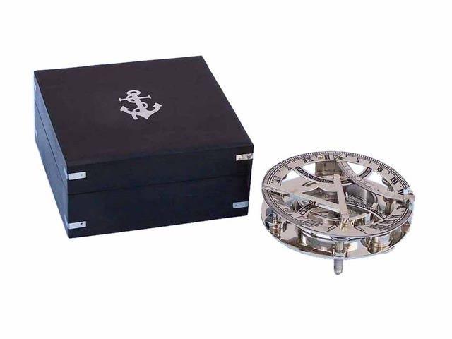 Chrome Round Sundial Compass with Black Rosewood Box 6i: Chrome Round Sundial Compass with Black Rosewood Box 6in. -- This is a beautiful Hampton Nautical 6-inch chrome Round Sundial Compass with Rosewood Box. The top of the sundial is hinged and a curved s
