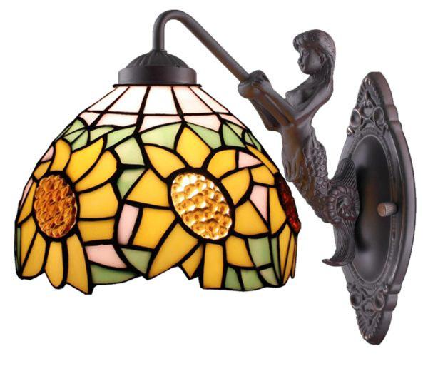 LIGHTING TIFFANY STYLE SUNFLOWER WALL LAMP: LIGHTING TIFFANY STYLE SUNFLOWER WALL LAMP -- The perfect expression of tireless style and modern beauty this floral wall lamp glows with soft colors. The piece is handcrafted using the same technique