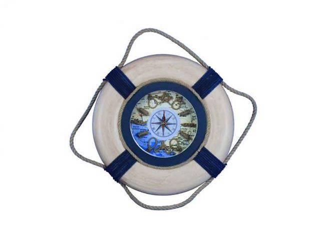 Vintage White With Blue Rope Bands Decorative Lifering: Vintage White With Blue Rope Bands Decorative Lifering Clock 15in. -- Vintage White With Blue Rope Bands Decorative Lifering Clock 15in. #21ST14083