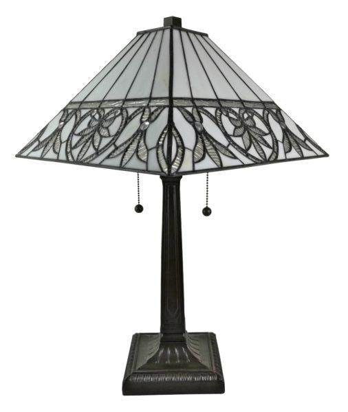 LIGHTING TIFFANY STYLE WHITE FLORAL MISSION TABLE LAMP: LIGHTING TIFFANY STYLE WHITE FLORAL MISSION TABLE LAMP 22 INCHES TALL -- With warm tones and classic lines this Amora Lighting table lamp is a beautiful mission-style piece featuring white floral patt