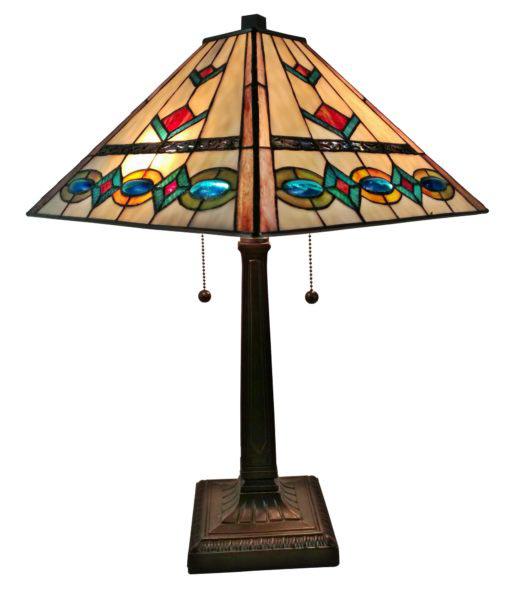 LIGHTING TIFFANY STYLE MULTI COLOR MISSION TABLE LAMP 2: LIGHTING TIFFANY STYLE MULTI COLOR MISSION TABLE LAMP 22 INCHES TALL -- With warm tones and classic lines this Amora Lighting table lamp is a beautiful mission-style piece featuring multi-color geomet