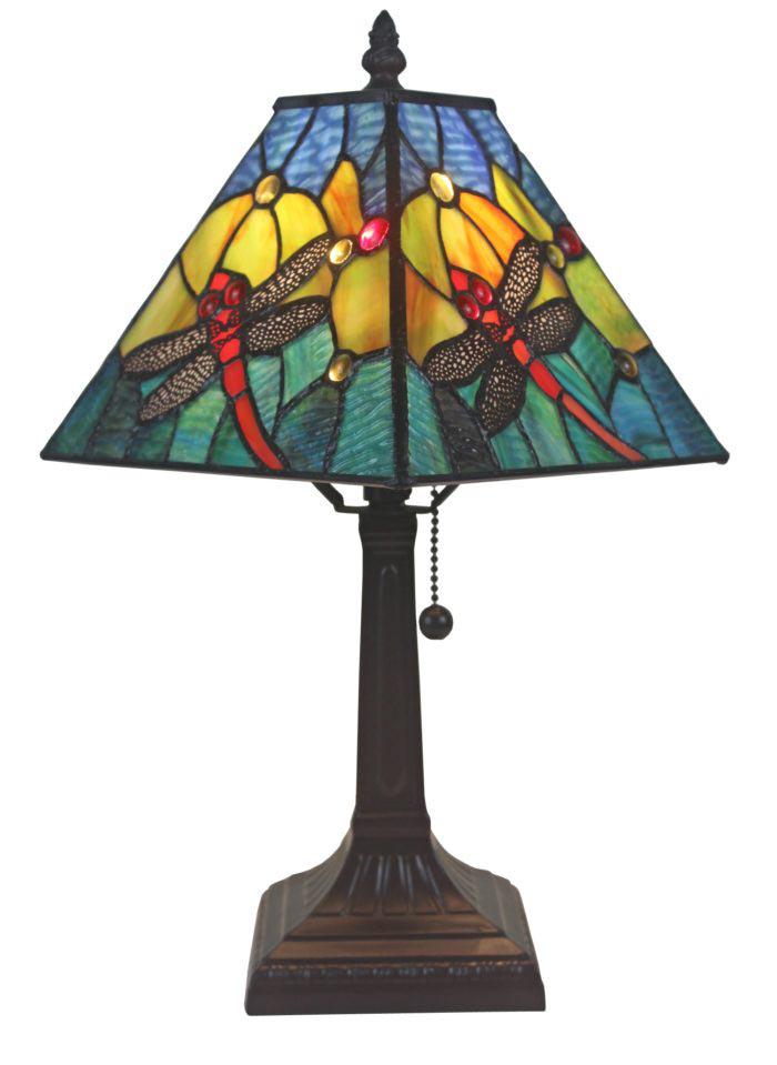 LIGHTING TIFFANY STYLE DRAGONFLY TABLE LAMP: LIGHTING TIFFANY STYLE DRAGONFLY TABLE LAMP -- Bring the warm color tones of nature along with the free-flying spirit of a dragonfly into your home with this beautifully crafted Tiffany-style mini tab