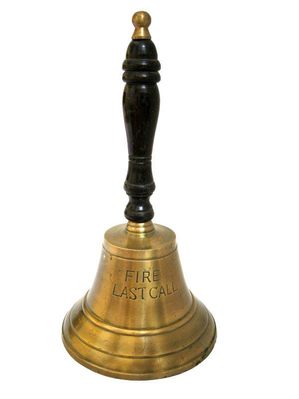 Fire last call hand Bell- 6 inches: Fire last call hand Bell- 6 inches -- This hand bell is made of solid golden brass. Fitted with a wooden handle it is very appealing to the nautical enthusiast. The tones that emit from the bell are c