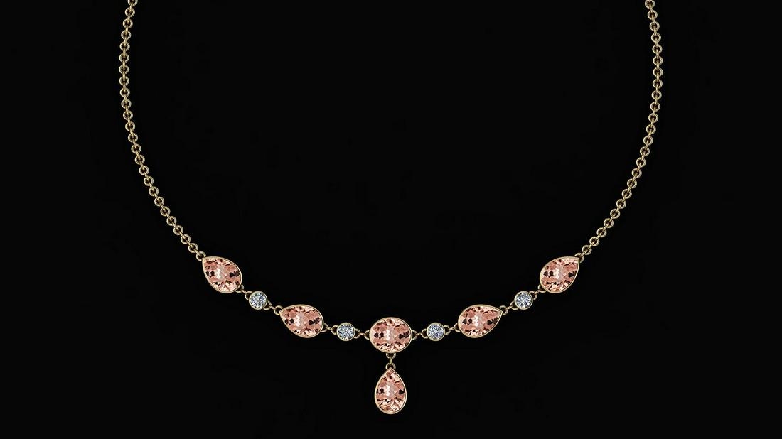 Certified 20.25 Ctw Morganite And Diamond VS/SI1 Beauti: Certified 20.25 Ctw Morganite And Diamond VS/SI1 Beautiful Necklace 14K Yellow Gold Made In USA -- Color Stone Approx Weight: 18.85 Ctw (6 Pcs Pear&Oval) Stone Color: Morganite Stone Setting: Bezel Si
